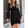 CUPSHE Womens Ruched Fall Dresses V Neck Long Sleeve Belted Ruffled Casual Bodycon Flowy Party Elegant Mini Cocktail Dress(Black)