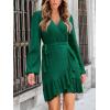 CUPSHE Womens Ruched Fall Dresses V Neck Long Sleeve Belted Ruffled Casual Bodycon Flowy Party Elegant Mini Cocktail Dress(Green)