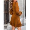 CUPSHE Womens Ruched Fall Dresses V Neck Long Sleeve Belted Ruffled Casual Bodycon Flowy Party Elegant Mini Cocktail Dress(Orange)