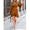 CUPSHE Womens Ruched Fall Dresses V Neck Long Sleeve Belted Ruffled Casual Bodycon Flowy Party Elegant Mini Cocktail Dress(Orange)
