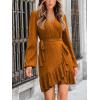 CUPSHE Womens Ruched Fall Dresses V Neck Long Sleeve Belted Ruffled Casual Bodycon Flowy Party Elegant Mini Cocktail Dress(Orange)