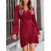 CUPSHE Womens Ruched Fall Dresses V Neck Long Sleeve Belted Ruffled Casual Bodycon Flowy Party Elegant Mini Cocktail Dress(Red)