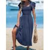 CUPSHE Women’s Summer Dress Square Neck Striped Smocked Dress Ruffled Cap Sleeves Dress A Line Maxi Formal Dress(Navy Blue)