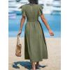 CUPSHE Women’s Summer Dress Square Neck Striped Smocked Dress Ruffled Cap Sleeves Dress A Line Maxi Formal Dress(Olive Green)