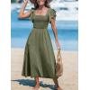 CUPSHE Women’s Summer Dress Square Neck Striped Smocked Dress Ruffled Cap Sleeves Dress A Line Maxi Formal Dress(Olive Green)