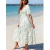CUPSHE Women’s Summer Dresses Floral Short Sleeve V Neck Tie Front High Waist Flowy Tiered Vacation Maxi Dress(White)