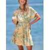 CUPSHE Women’s Summer Dresses V Neck Short Sleeve Button Tropical Smocked Elastic Waist A-Line Casual Beach Holiday Dress(Khaki Tropical)