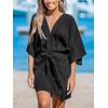CUPSHE Women’s V Neck Summer Dress 3/4 Kimono Sleeve Self Tie Pleated Loose Slit Mini Casual Dress(Black)