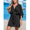 CUPSHE Women’s V Neck Summer Dress 3/4 Kimono Sleeve Self Tie Pleated Loose Slit Mini Casual Dress(Black)