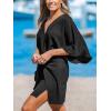 CUPSHE Women’s V Neck Summer Dress 3/4 Kimono Sleeve Self Tie Pleated Loose Slit Mini Casual Dress(Black)