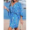 CUPSHE Women’s V Neck Summer Dress 3/4 Kimono Sleeve Self Tie Pleated Loose Slit Mini Casual Dress(Blue)