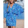 CUPSHE Women’s V Neck Summer Dress 3/4 Kimono Sleeve Self Tie Pleated Loose Slit Mini Casual Dress(Blue)