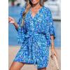 CUPSHE Women’s V Neck Summer Dress 3/4 Kimono Sleeve Self Tie Pleated Loose Slit Mini Casual Dress(Blue)