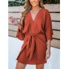 CUPSHE Women’s V Neck Summer Dress 3/4 Kimono Sleeve Self Tie Pleated Loose Slit Mini Casual Dress(Burnt Orange)