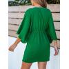 CUPSHE Women’s V Neck Summer Dress 3/4 Kimono Sleeve Self Tie Pleated Loose Slit Mini Casual Dress(Emerald Green)