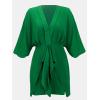 CUPSHE Women’s V Neck Summer Dress 3/4 Kimono Sleeve Self Tie Pleated Loose Slit Mini Casual Dress(Emerald Green)