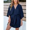 CUPSHE Women’s V Neck Summer Dress 3/4 Kimono Sleeve Self Tie Pleated Loose Slit Mini Casual Dress(Navy Blue)