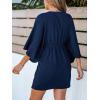 CUPSHE Women’s V Neck Summer Dress 3/4 Kimono Sleeve Self Tie Pleated Loose Slit Mini Casual Dress(Navy Blue)