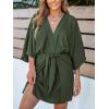 CUPSHE Women’s V Neck Summer Dress 3/4 Kimono Sleeve Self Tie Pleated Loose Slit Mini Casual Dress(Olive Green)