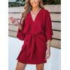 CUPSHE Women’s V Neck Summer Dress 3/4 Kimono Sleeve Self Tie Pleated Loose Slit Mini Casual Dress(Red)