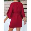 CUPSHE Women’s V Neck Summer Dress 3/4 Kimono Sleeve Self Tie Pleated Loose Slit Mini Casual Dress(Red)