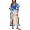CUPSHE Women Boho Maxi Summer Dress Plunging V Half Dolman Sleeve Empired Waist Side Slit Sundress Holiday Beach Dresses(Blue Pink)