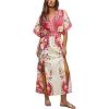 CUPSHE Women Boho Maxi Summer Dress Plunging V Half Dolman Sleeve Empired Waist Side Slit Sundress Holiday Beach Dresses(Pink Floral)