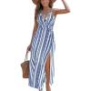 CUPSHE Women Halter Backless Summer Dresses Spaghetti Strap Side Slit Casual Beach Sundress Holiday Vacation Maxi Dress(Blue Geometric)
