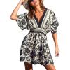 CUPSHE Women Summer Dresses Floral Plunging V Neck Short Sleeve Elastic Waist Beach Vacation Mini Dress(Black)