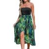 CUPSHE Women Tube Floral Midi Summer Dress Straight Neck Split Hem Tropical Casual Sundress Holiday Vacation Beach Dress(Black-green)