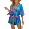 CUPSHE Women’s Boho Floral Romper Short Sleeve V Neck Tie Waist Summer Beach Jumpsuit Tropical Resort Vacation Outfits(Blue Floral)