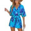 CUPSHE Women’s Boho Floral Romper Short Sleeve V Neck Tie Waist Summer Beach Jumpsuit Tropical Resort Vacation Outfits(Deep Blue Floral)