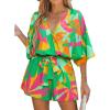 CUPSHE Women’s Boho Floral Romper Short Sleeve V Neck Tie Waist Summer Beach Jumpsuit Tropical Resort Vacation Outfits(Green Pink Floral)