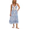 CUPSHE Womens Boho Midi Dresses Summer Spaghetti Strap Crochet Lace V Neck Drawstring Waist Beach Vacation Casual Sundress(Blue Paisley)