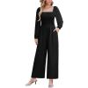 CUPSHE Women’s Long Sleeve Jumpsuits Casual Square Neck Wide Leg Smocked One Piece Jumpsuit with Pockets(Black)