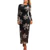 CUPSHE Women’s Mesh Maxi Formal Dresses Long Sleeve Floral Elegant Sheer Bodycon Stretch Slim Fit Wedding Guest Dress(Black Floral)