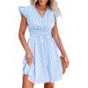 CUPSHE Women’s Mini Dress V Neck Flutter Sleeve Striped Smocked Waist A Line Short Summer Cocktail Dress(Blue Striped)