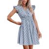 CUPSHE Women’s Mini Dress V Neck Flutter Sleeve Striped Smocked Waist A Line Short Summer Cocktail Dress(Navy Striped)