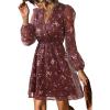 CUPSHE Women’s Mini Dresses Casual Spring V Neck Chiffon Long Peasant Sleeves Flowy Spring Dress(Burgundy Ditsy)