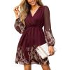CUPSHE Women’s Mini Dresses Casual Spring V Neck Chiffon Long Peasant Sleeves Flowy Spring Dress(Burgundy Floral)