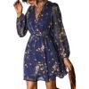 CUPSHE Women’s Mini Dresses Casual Spring V Neck Chiffon Long Peasant Sleeves Flowy Spring Dress(Navy)
