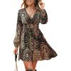 CUPSHE Women’s Paisley Printed Fall Mini Dress V Neck Long Sleeve Smocked Waist Flowy Ruffled Vacation Dresses(Black)
