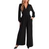 CUPSHE Women’s Romper V Neck Plunging Long Sleeve Ruching Overalls Wide Leg Jumpsuit Outfit Casual Dressy(Black)