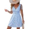 CUPSHE Women’s Striped Summer Dresses V Neck Sleeveless Tie Strap Button Smocked Mini Sun Dress(Blue)