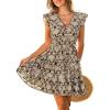 CUPSHE Women’s Summer Boho Floral Mini Dress Beach Vaction Flowy A Line Dress V Neck Cap Sleeve Belted Dress(Brown Beige)
