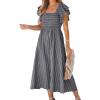 CUPSHE Women’s Summer Dress Square Neck Striped Smocked Dress Ruffled Cap Sleeves Dress A Line Maxi Formal Dress(Grey)