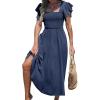 CUPSHE Women’s Summer Dress Square Neck Striped Smocked Dress Ruffled Cap Sleeves Dress A Line Maxi Formal Dress(Navy Blue)