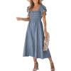 CUPSHE Women’s Summer Dress Square Neck Striped Smocked Dress Ruffled Cap Sleeves Dress A Line Maxi Formal Dress(Steel Blue)