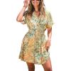 CUPSHE Women’s Summer Dresses V Neck Short Sleeve Button Tropical Smocked Elastic Waist A-Line Casual Beach Holiday Dress(Khaki Tropical)