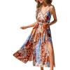 CUPSHE Women’s Summer Floral Maxi Sunress Sleeveless V Neck Wrap Flowy Dress Tie Belted Beach Vacation Long Dress(Blue Orange)